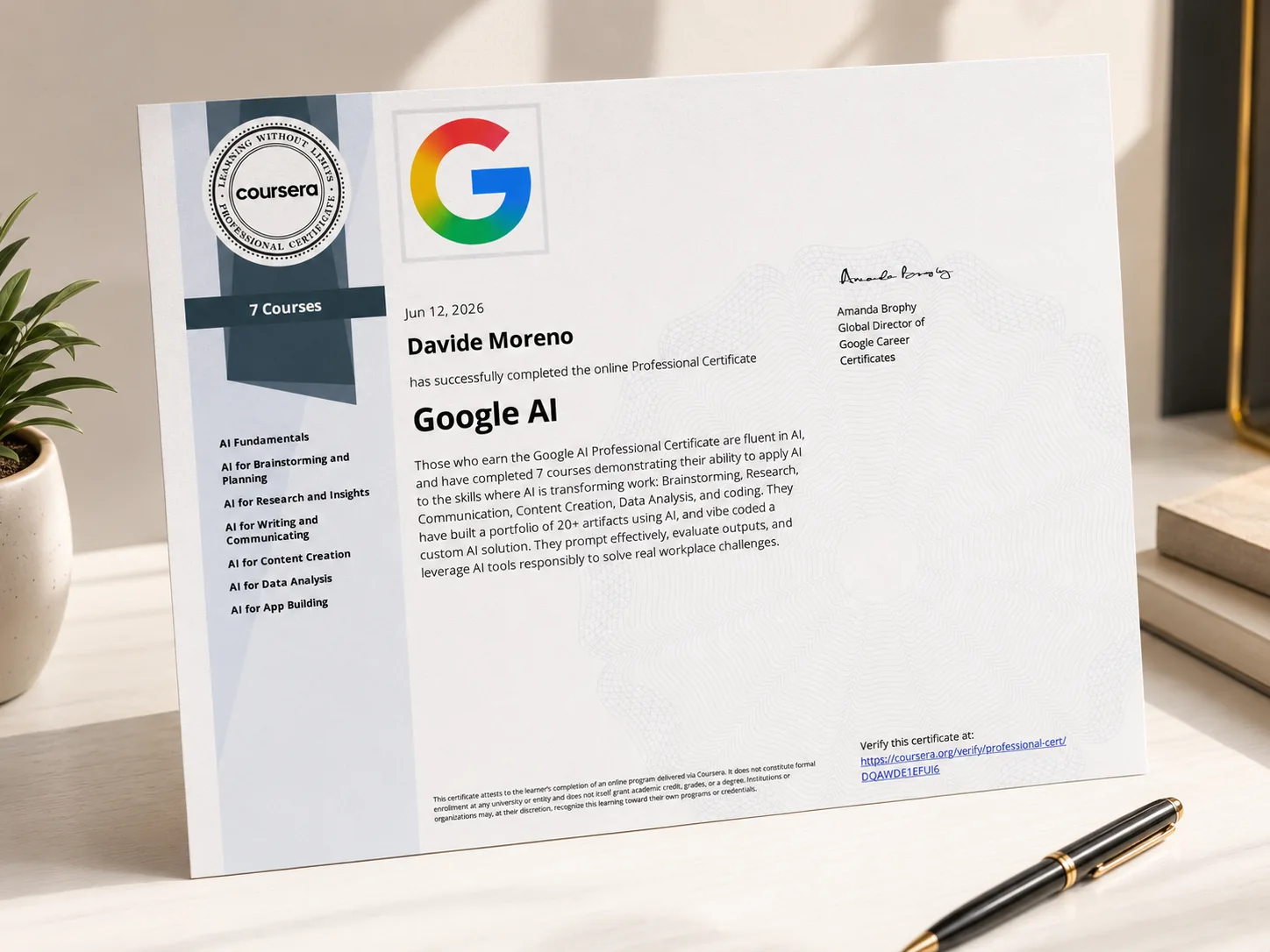 Google AI Professional Certificate — Coursera · Google — 2026